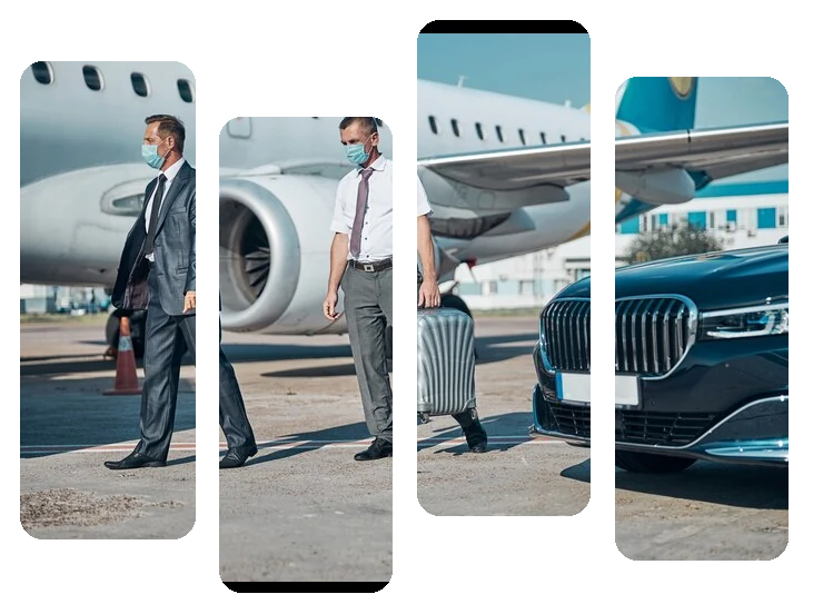 Travellers beside a car at an airport, with an aircraft in the background