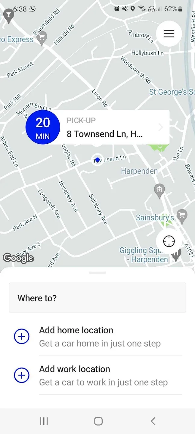 Harpenden Taxis mobile app map showing a nearby taxi and booking options