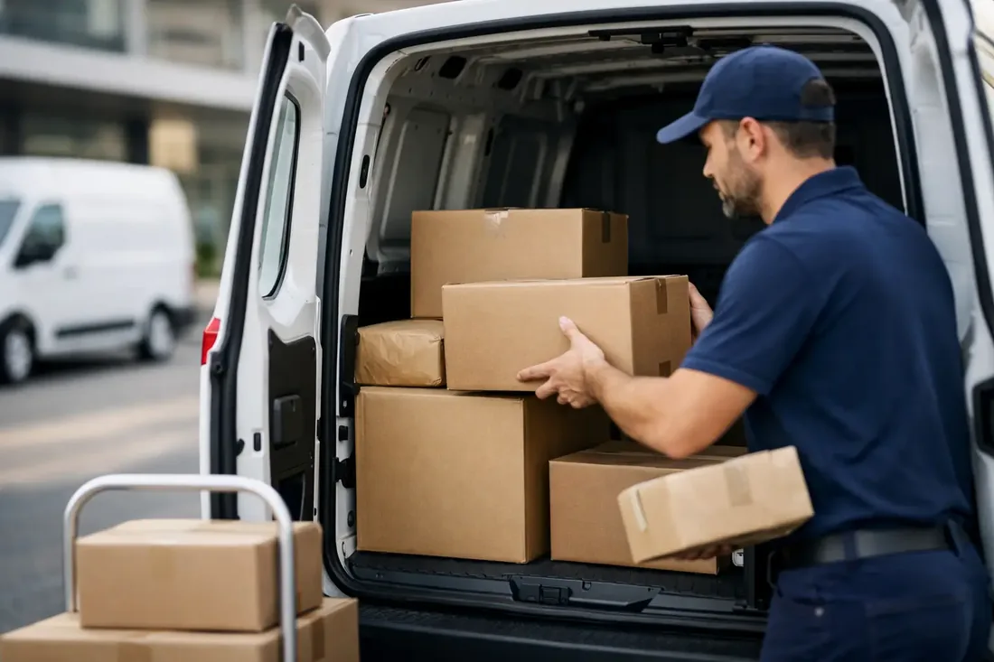 Courier loading parcels into a delivery vehicle